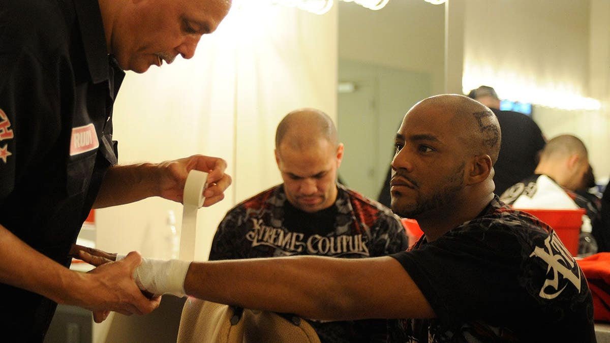 Lumumba Sayers with taped hands backstage at the Pearl at the Palms in Las Vegas