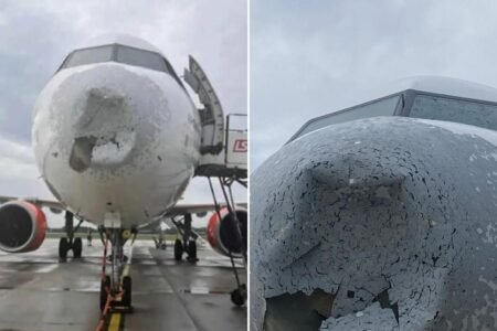 Scary photos show shocking damage to plane battered by hail after it flew into a violent storm: ‘Serious threats’