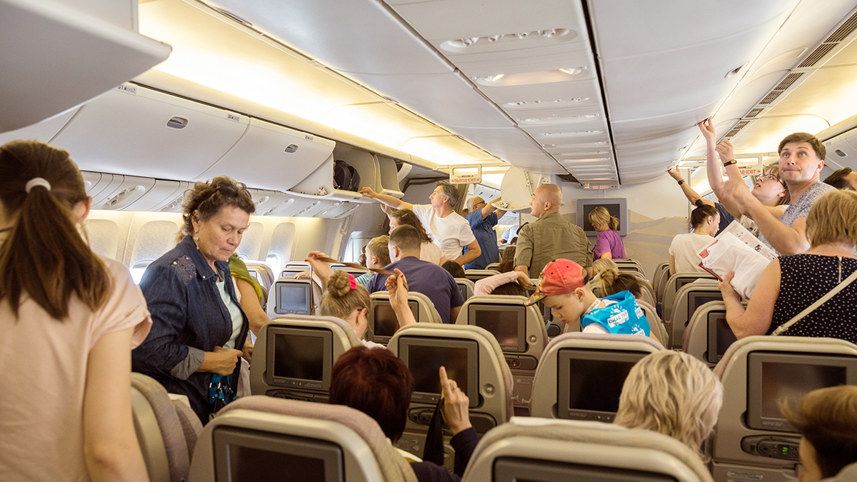 Passengers on a flight are pictured from behind leaving a flight as some begin to stand while some are seated. Others retrieve their luggage from overhead compartments
