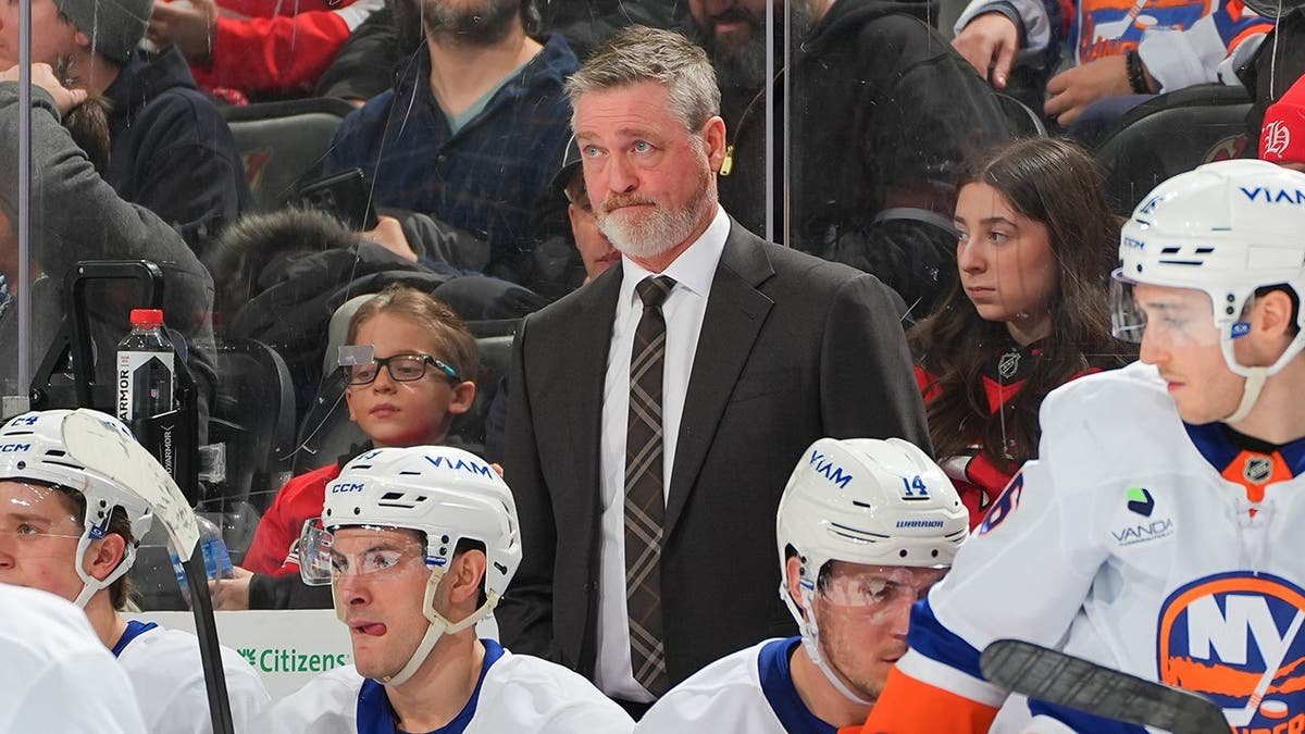 Patrick Roy coaching New York Islanders during game at Prudential Center Newark