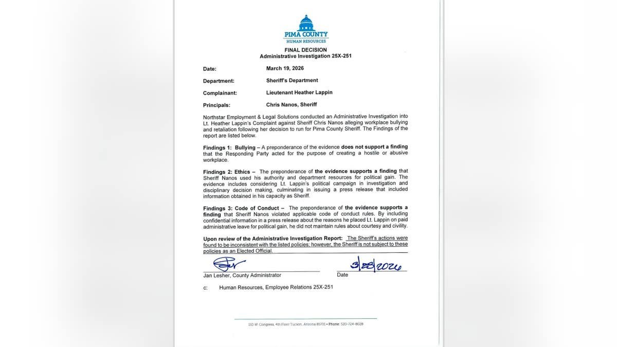 A memo finds Pima County Sheriff Chris Nanos did not bully his political opponent and subordinate Heather Lappin but allegedly violated his department's code of conduct and used his authority for political gain.