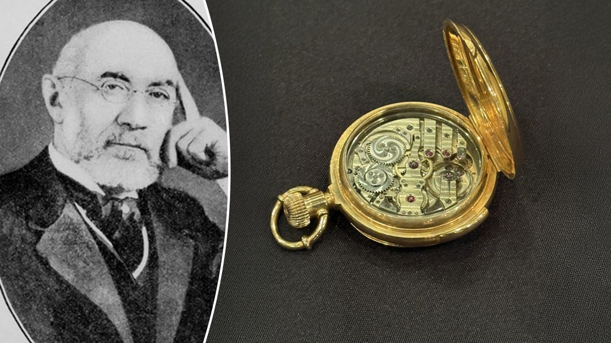Titanic passenger Isidor Straus holding a gold pocket watch.