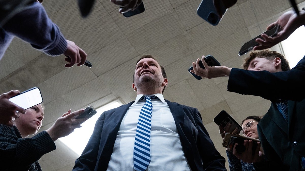 Sen. Chris Murphy speaking to reporters at the Capitol in Washington