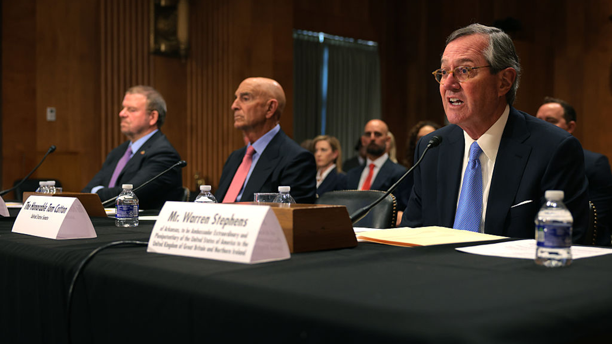 Warren Stephens, Tom Barrack, and Tilman Fertitta seated during confirmation hearings