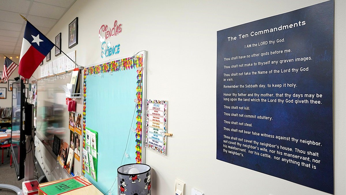 A copy of the Ten Commandments displayed on a classroom wall at Bagdad Elementary School in Leander, Texas.