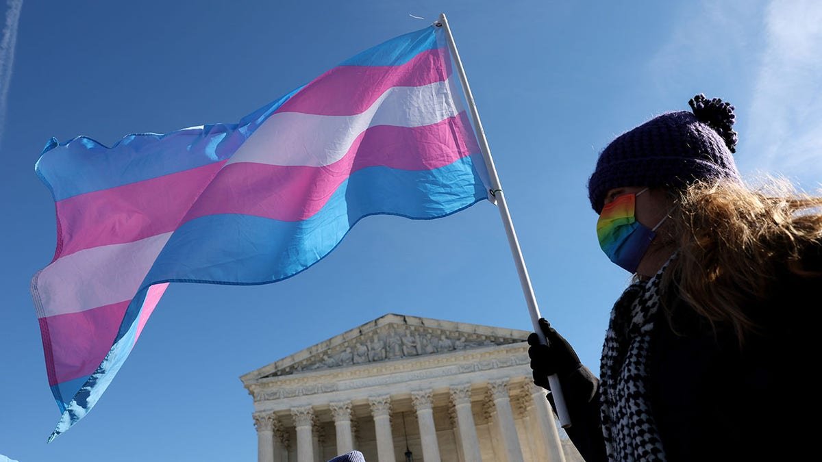 A transgender rights supporter holding a sign outside the U.S. Supreme Court