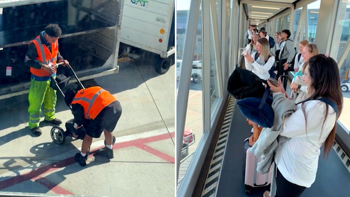 Travelers applaud on the jet bridge as two airport workers struggle to fold a baby stroller on the tarmac.