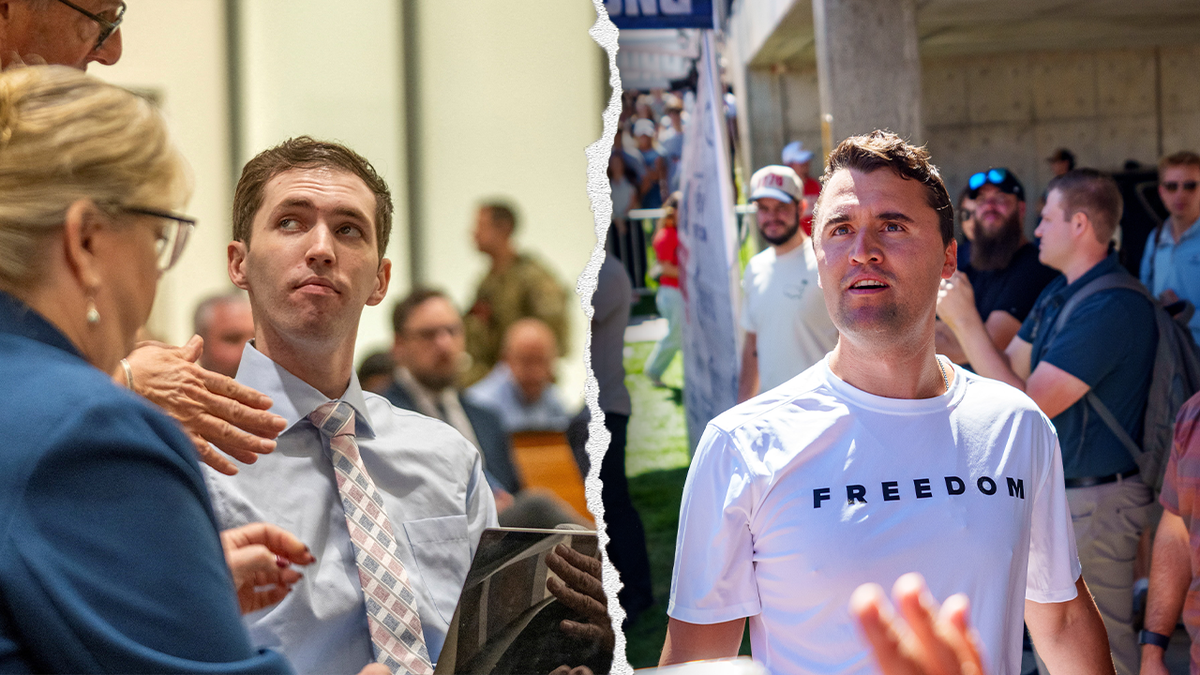 A split image showing Tyler Robinson in a shirt and tie talking to his lawyers in court and Charlie Kirk wearing a white T-shirt at the UVU rally where he was killed