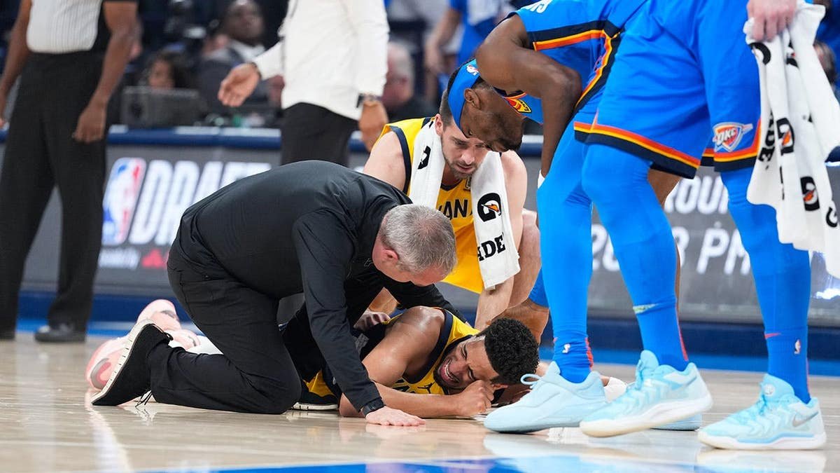 Tyrese Haliburton reacting to injury during NBA Finals game in Oklahoma City