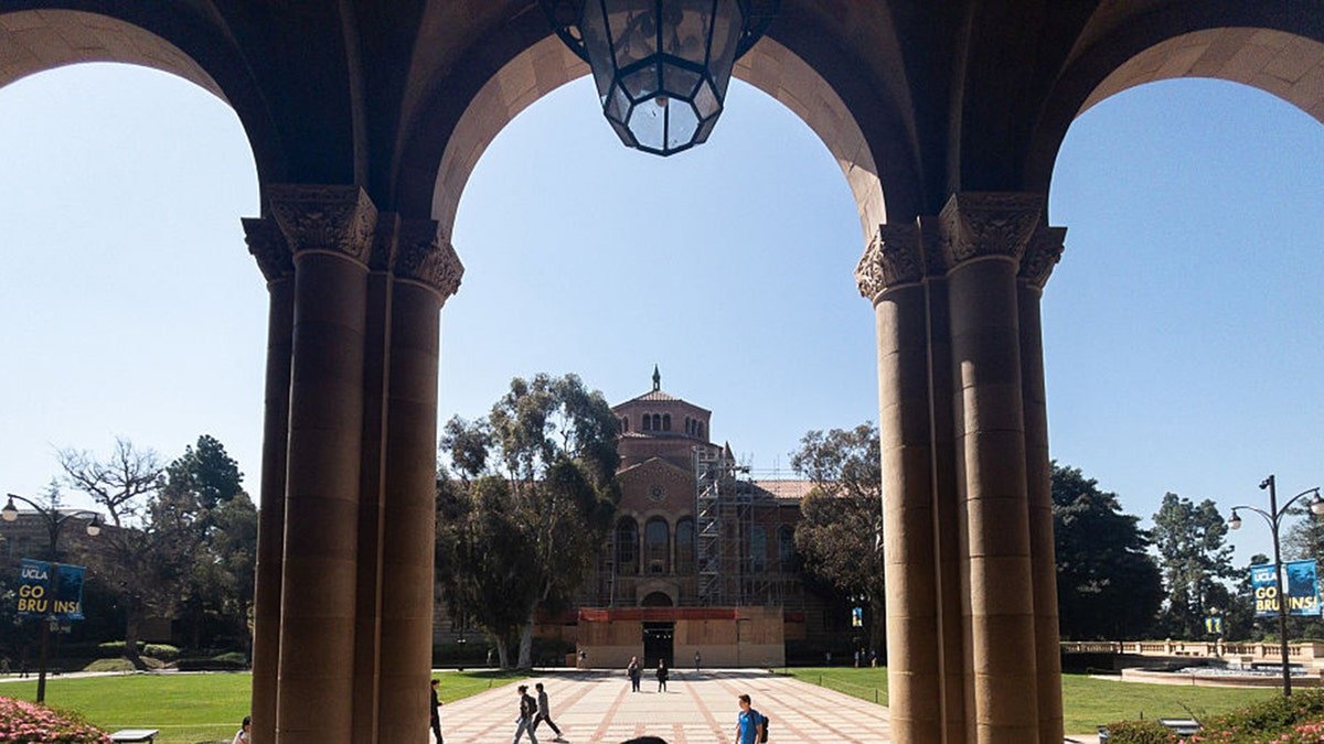 View of Powell Library from Royce Hall at UCLA campus in Westwood California