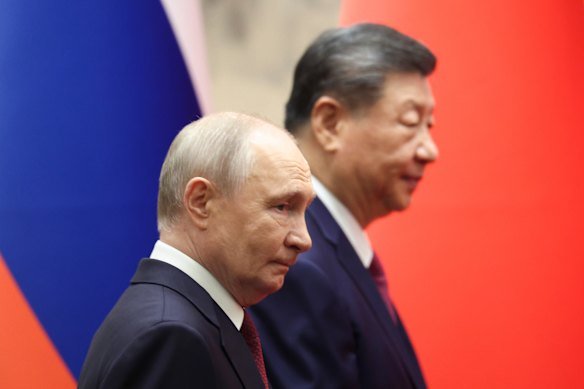 Russian President Vladimir Putin and Chinese President Xi Jinping at the Great Hall of the People in Beijing.