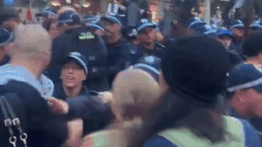 Police and protesters jostle as authorities try to stop the crowd from marching after the rally.