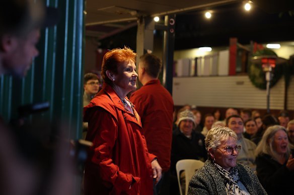Pauline Hanson at an Albury pub on the eve of the Farrar byelection.