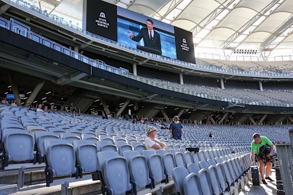 The service was broadcast on the big screens at Optus Stadium for the benefit of those who couldn’t secure a seat in the River View Room. 