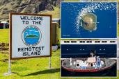 A signpost is pictured in Edinburgh of the Seven Seas, Tristan da Cunha, saying "Welcome to the Remotest Island," and listing distances to other islands and cities, with an overlay showing a satellite view of Tristan da Cunha island in the Atlantic Ocean, featuring Queen Mary's Peak and surrounding cliffs, with clouds to the north, and another overlay of an aerial view of health personnel in protective gear assisting patients onto a boat from a cruise ship.