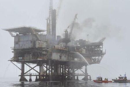 Southern California oil rig catches fire, workers evacuated