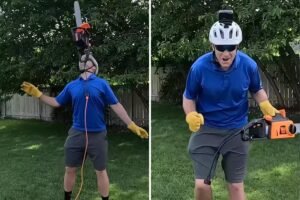 Daredevil dad balances running chainsaw on chin to break world record: ‘Disbelief and genuine concern’