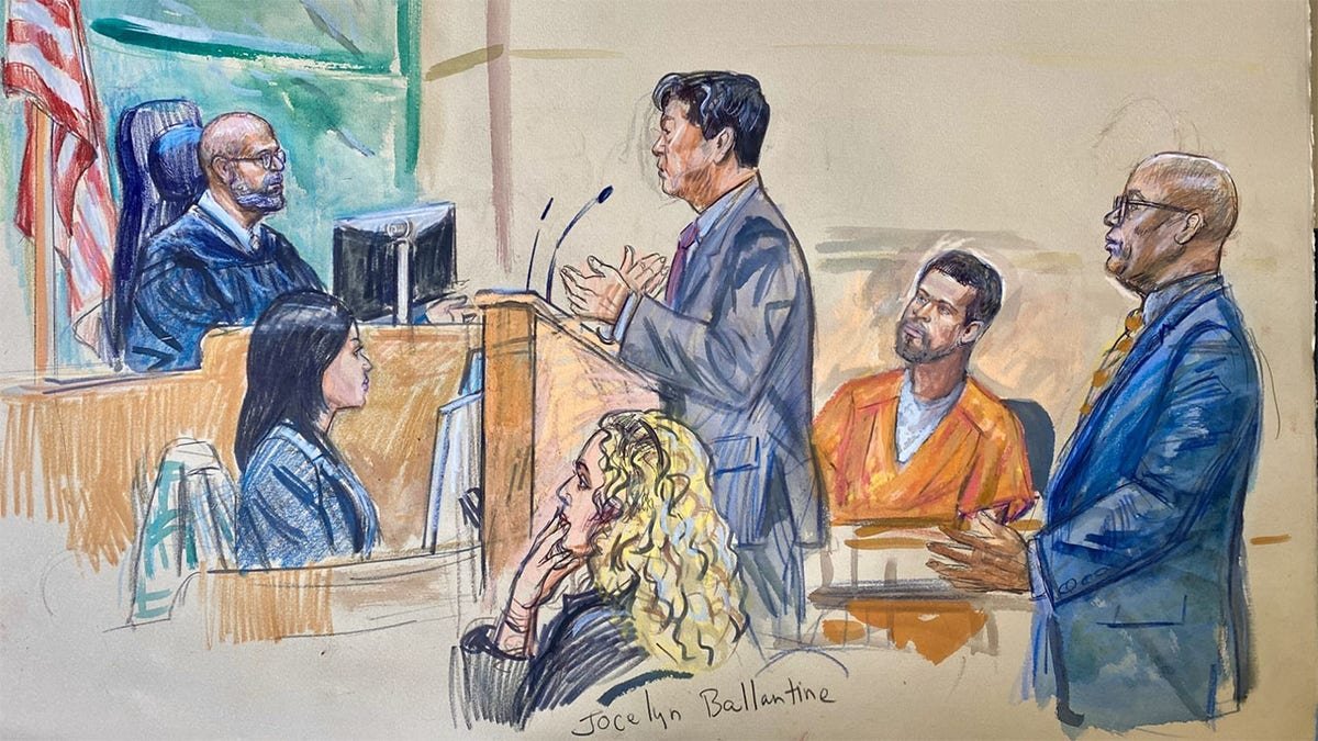 A sketch of cole allen in court on May 4, 2026