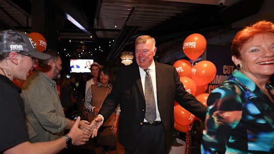 David Farley arrives at the One Nation election party on Saturday night.