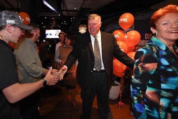 David Farley arrives at the One Nation election party on Saturday night.
