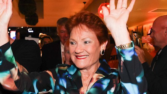 Pauline Hanson enters the One Nation election party at the Bended Elbow.