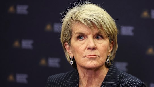 Then-chancellor Julie Bishop fronts the media after a meeting with ANU staff in September.
