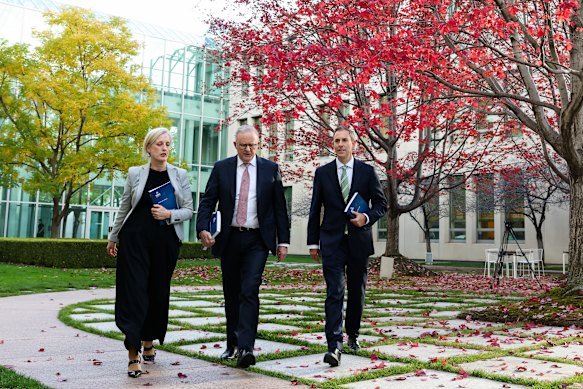 Finance Minister Katy Gallagher, Prime Minister Anthony Albanese and Treasurer Jim Chalmers – the budget’s brains trust.