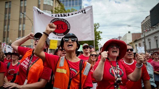 Protesters in the Melbourne CBD during the school strike.