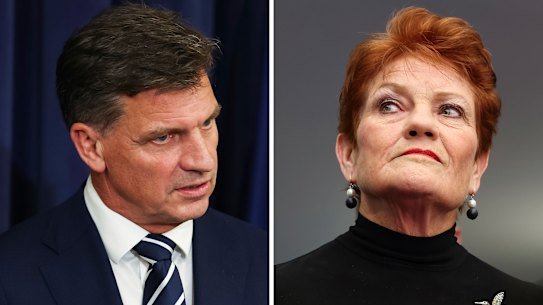 Opposition Leader Angus Taylor and One Nation leader Pauline Hanson, who says the major parties have never done a good job for Australia.
