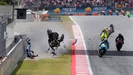 MotoGP racer hurtles through the air in terrifying crash, suffers serious injuries MotoGP racer hurtles through the air in terrifying crash, suffers serious injuries