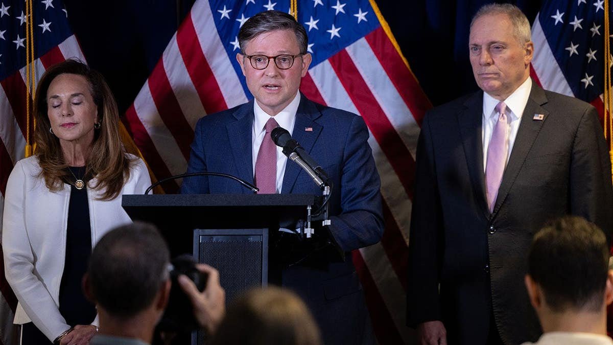 Speaker of the House Mike Johnson speaking at a press conference in Washington, D.C.
