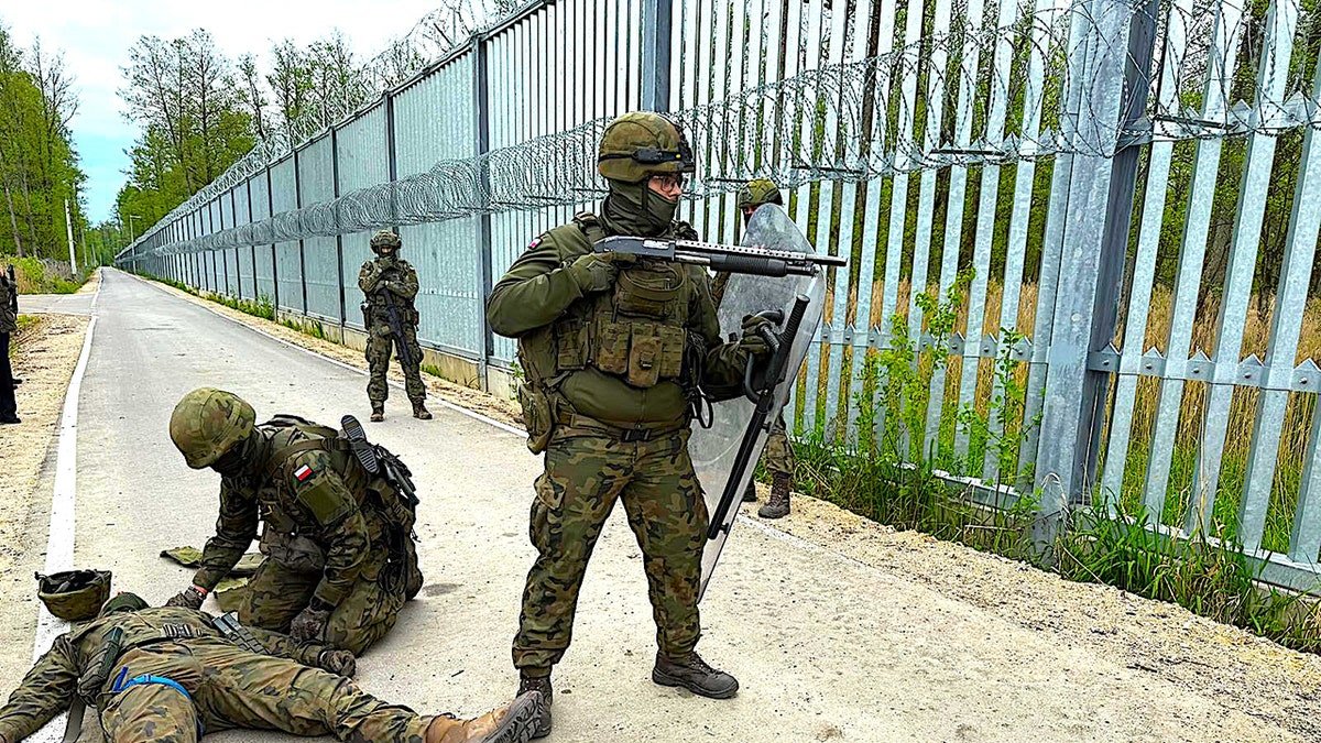 Soldiers from Poland's 18th Division performing battlefield medical training near Belarus border