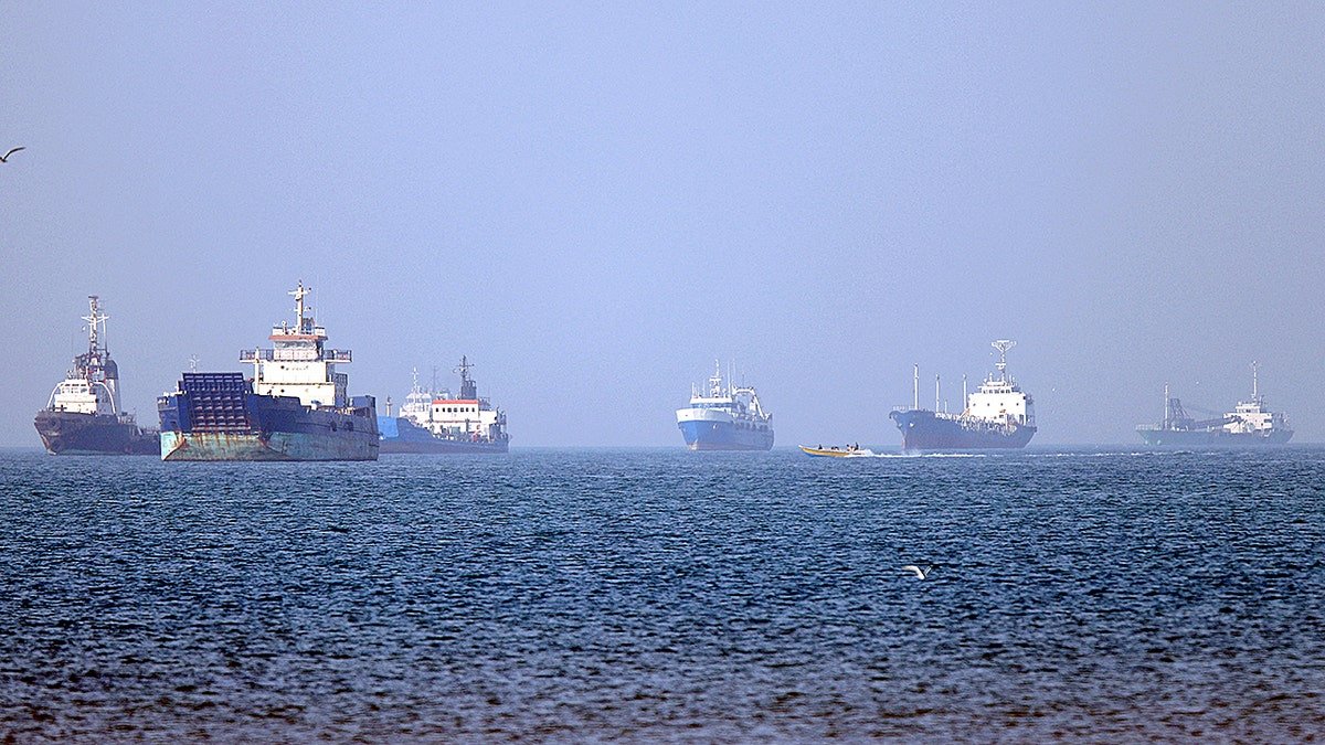 Ships anchored in the Strait of Hormuz off Bandar Abbas in southern Iran