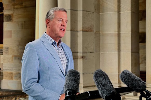 Queensland Health Minister Tim Nicholls speaking on Saturday.