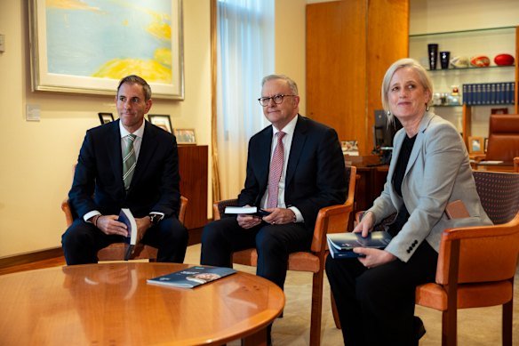 Treasurer Jim Chalmers, Prime Minister Anthony Albanese and Finance Minister Katy Gallagher on budget eve.