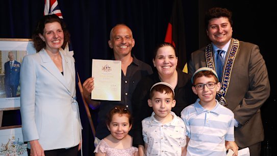 Nir Golan, his wife Barbie and their children at the family’s citizenship ceremony on Australia Day.