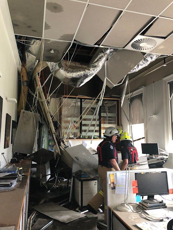 The aftermath of the roof collapse in the Australian National Academy of Music’s offices at South Melbourne Town Hall on October 18, 2018. 