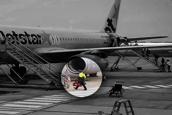 An image of a teenager who allegedly attempted to hijack a Jetstar flight at Avalon Airport boarding the flight in high-vis.