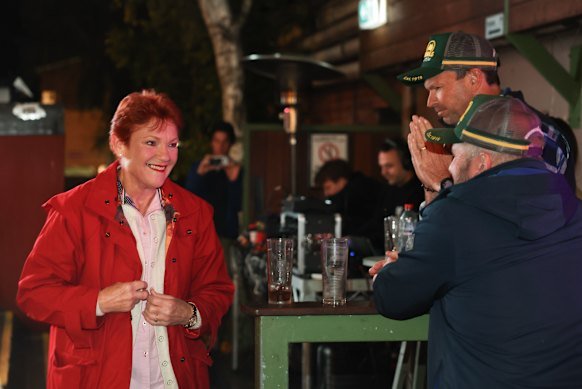 One Nation leader Pauline Hanson at the recording of a Karl Stefanovic podcast in Albury on Friday evening.