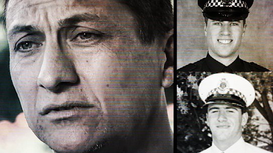 Dezi Freeman (left) and police officers Vadim de Waart-Hottart (top right) and Neal Thompson (pictured earlier in his policing career).