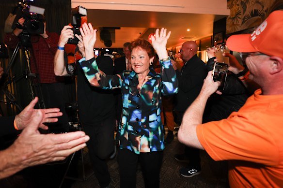 Pauline Hanson enters the One Nation election party at the Bended Elbow.