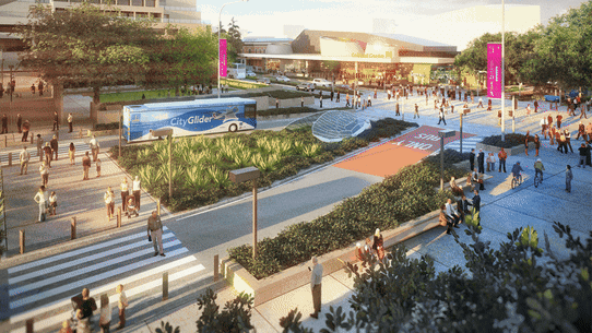 Plans for the Cultural Centre busway intersection at Grey and Melbourne streets, South Brisbane over the years, from council’s 2019 underground Metro plan, the state government’s vision, council’s 2022 artist’s impression showing a pocket park in the bottom-right corner, and finally the current car park.