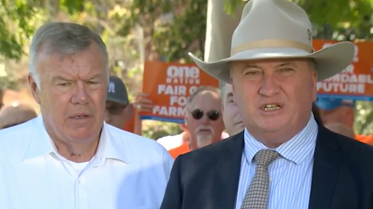 One Nation candidate David Farley, left, and Barnaby Joyce campaigning in Farrer last month.