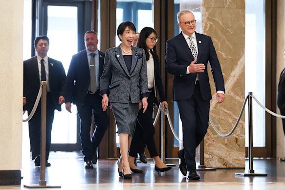 Japanese Prime Minister Sanae Takaichi with Anthony Albanese at Parliament House on Monday.