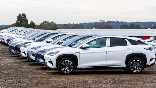 Recently imported electric vehicles parked in a storage yard in Kilsyth in Melbourne’s east.