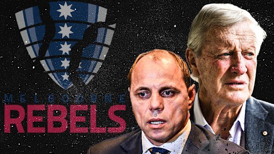Businessman Leigh Clifford (right) who wants to save the Melbourne Rebels, and Rugby Australia CEO Phil Waugh, who announced the club’s shutdown on Thursday.