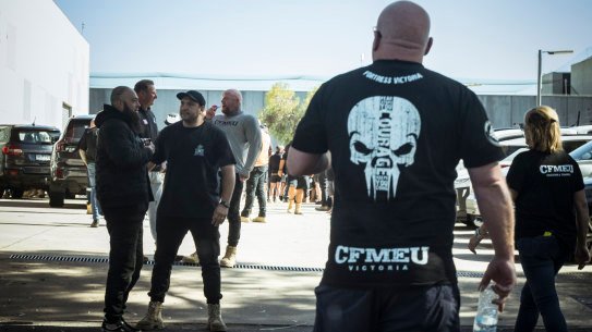 CFMEU delegates dispersing from an emergency meeting in Melbourne on Tuesday.