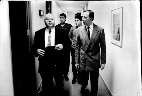 Laurie Oakes with then treasurer Paul Keating after Oakes revealed the Kirribilli agreement, leading to Keating mounting his first challenge for the prime ministership in June 1991.