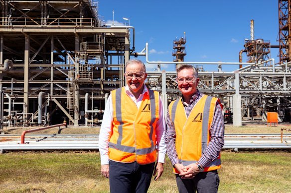 PM Anthony Albanese and Energy Minister Chris Bowen visit Brisbane’s Lytton oil refinery last month, one of only two in the country.