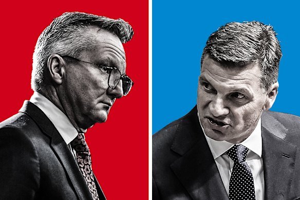 Energy Minister Chris Bowen (left) and opposition leader Angus Taylor. 